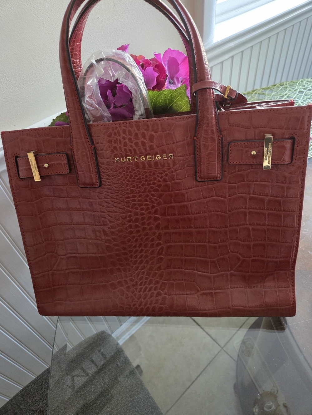 Kurt Geiger Croc-Embossed Burgundy Tote with Gold Hardware